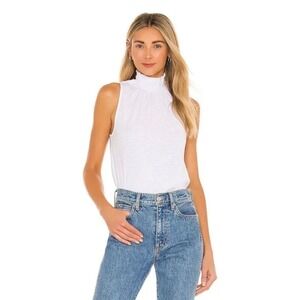 Nation LTD White Pima Cotton Smocked High Neck Sleeveless Top Button Back Large